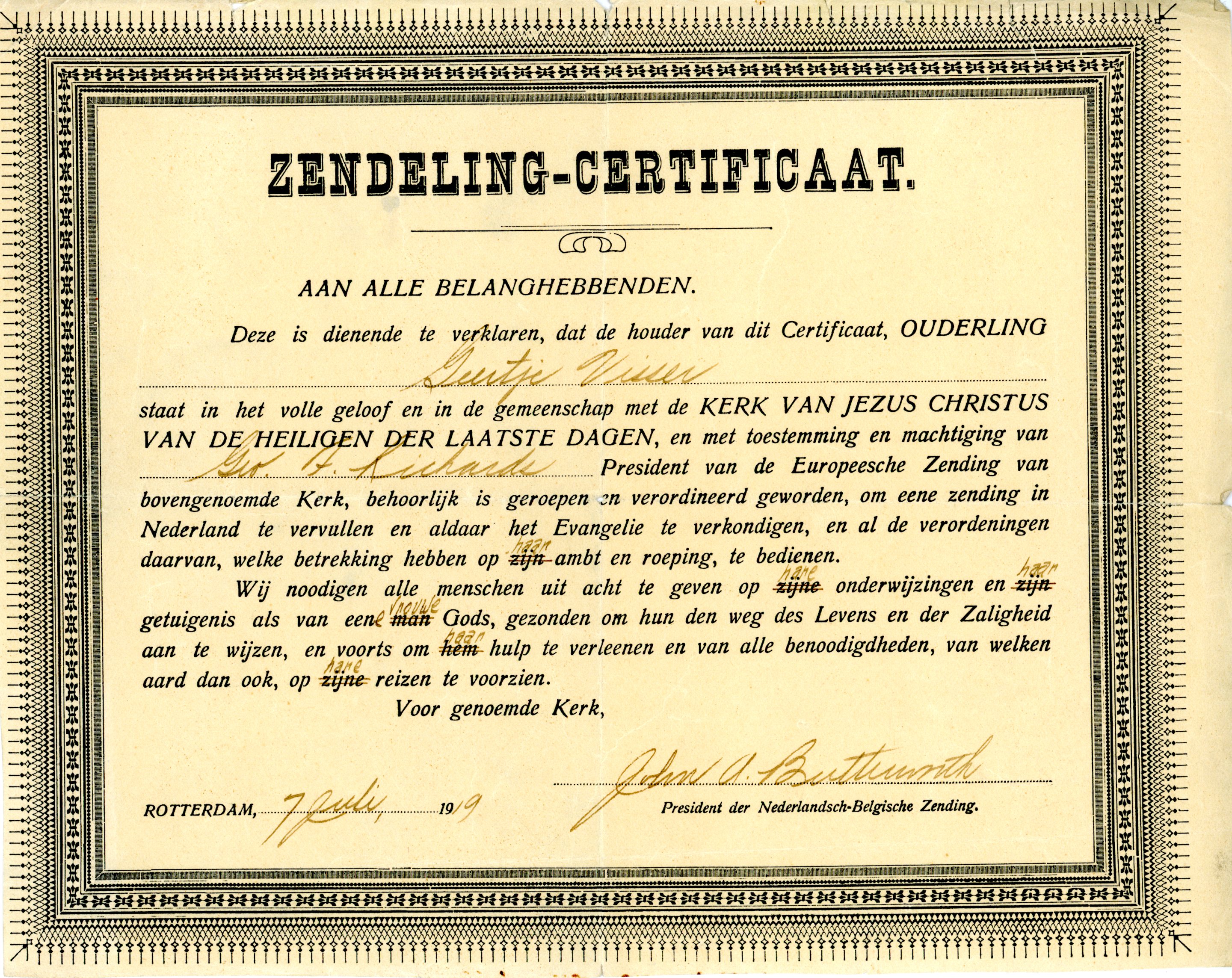 Geertje Visser Missionary Certificate,  1919 July 7